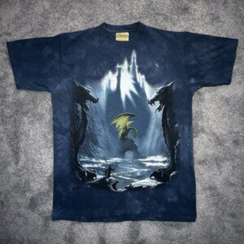 Y2k The Mountain T Shirt Mens Large Blue Tie Dye Dragons Lost Valley Excalibur